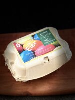 6 gekochte und mit Naturfarben gef&auml;rbte Weideeier